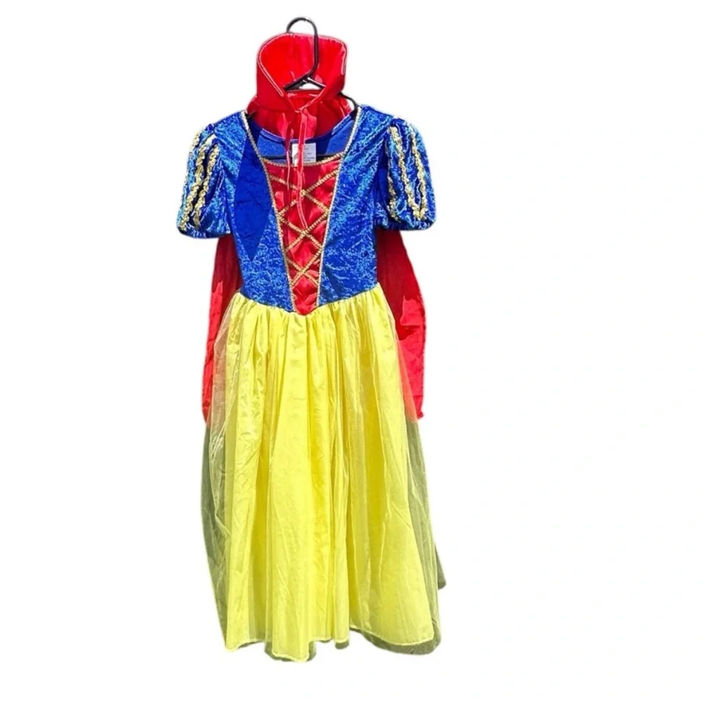 Snow White costume with red cape yellow blue gold sequins EUC girls size 8/10